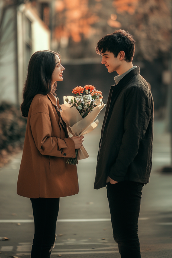 A young couple looking at each other, the girl holding a boquet #LoveWithoutWords #ShowYourHeart