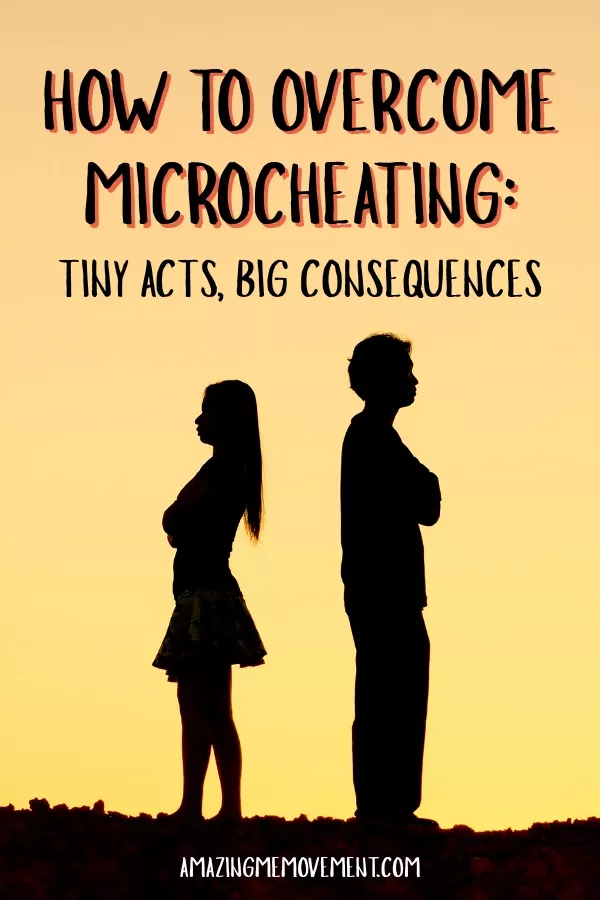 Silhouetted couple standing back-to-back during sunset with title text about microcheating