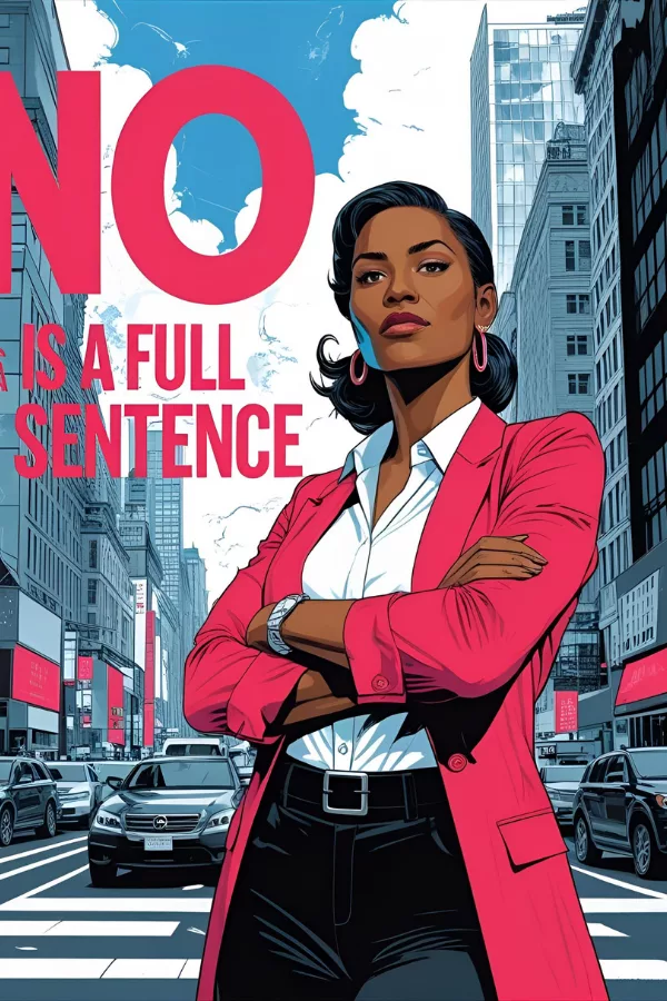 An empowered woman standing confidently with arms crossed in a busy city, next to the bold quote 'No is a full sentence,' signifying assertiveness and self-respect.