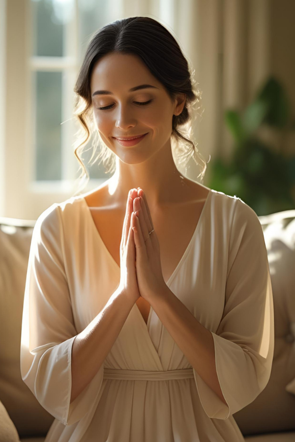 A serene woman with hands in prayer pose, eyes closed and smiling gently, sitting in a softly lit room—symbolizing gratitude, inner peace, and spiritual mindfulness