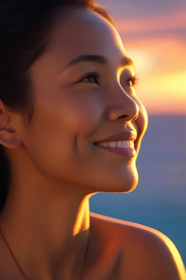 Asian woman smiling peacefully at sunset by the ocean