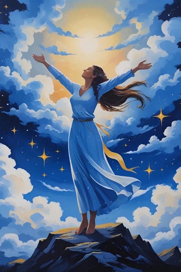 Liberated woman standing on mountaintop, celebrating spiritual growth and manifestation success