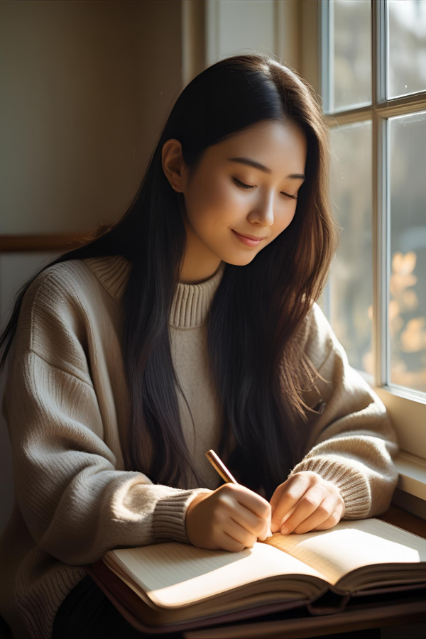 A young woman sitting peacefully by a window, writing in a journal with a calm expression, bathed in warm natural light—ideal for conveying mindfulness or habit tracking