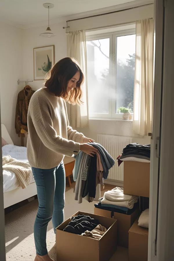 Woman decluttering and organizing clothes in a sunlit bedroom 