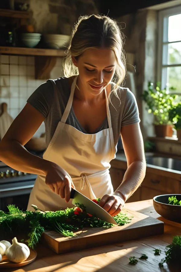 Woman chopping vegetables in a warm kitchen, embracing healthy living and mindful cooking.