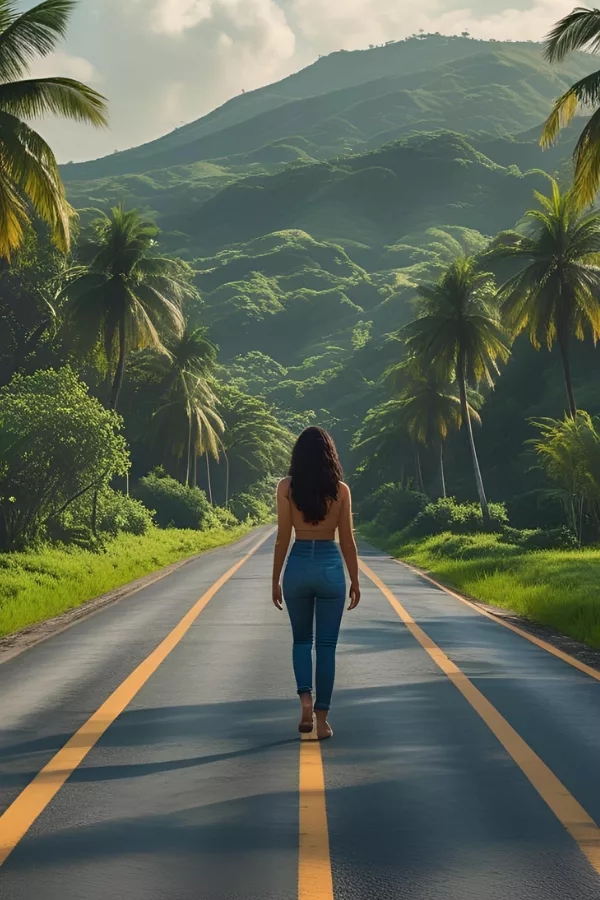 A woman walking barefoot down a peaceful road lined with palm trees, symbolizing the journey of moving forward and emotional renewal.