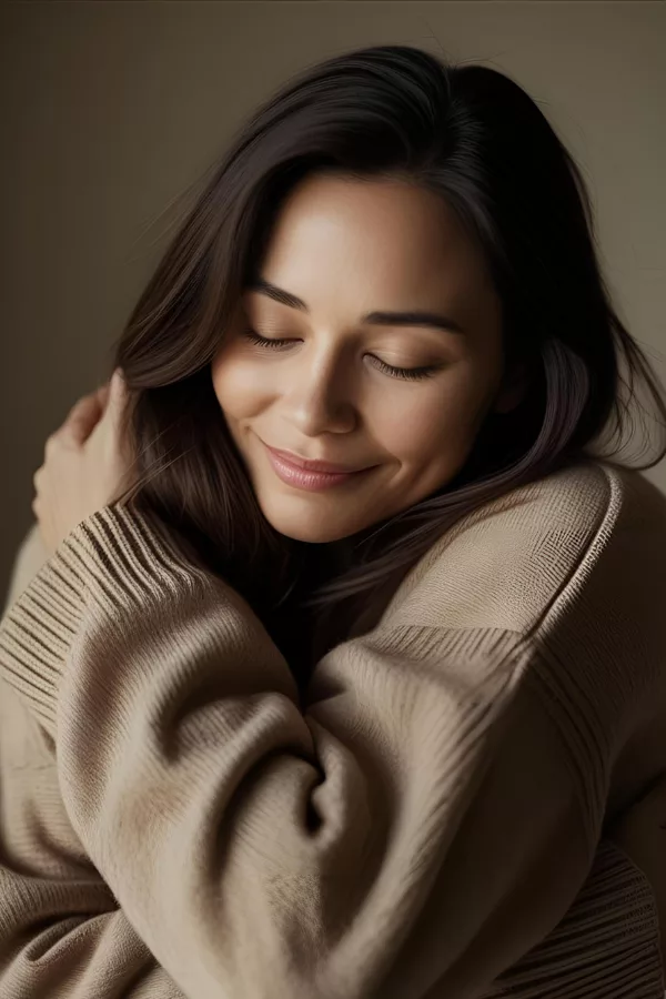 Woman hugging herself in cozy sweater with a peaceful smile 