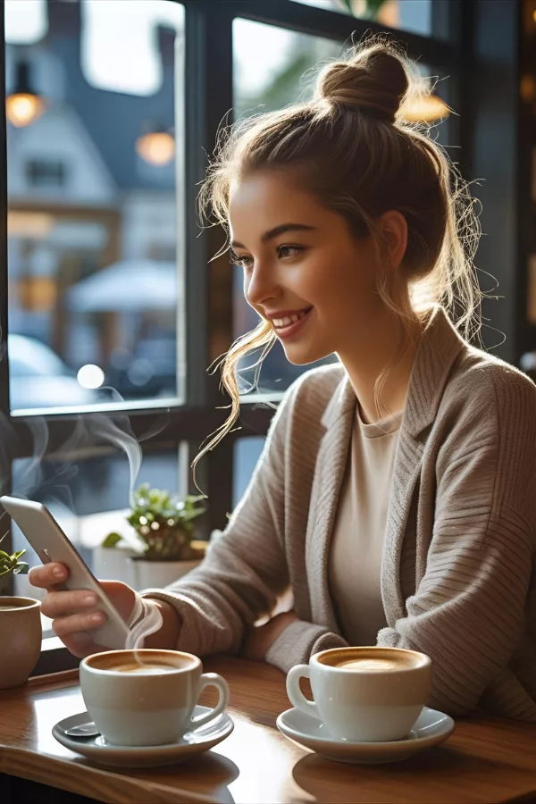 Smiling woman with a top bun at a café, sipping coffee while using her phone, reflecting calm productivity.