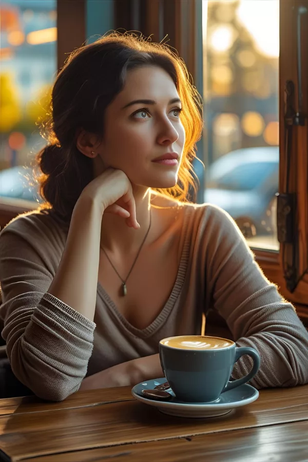 A thoughtful woman sitting by a café window with a coffee cup, gazing outside during sunset, representing inner reflection and emotional clarity.