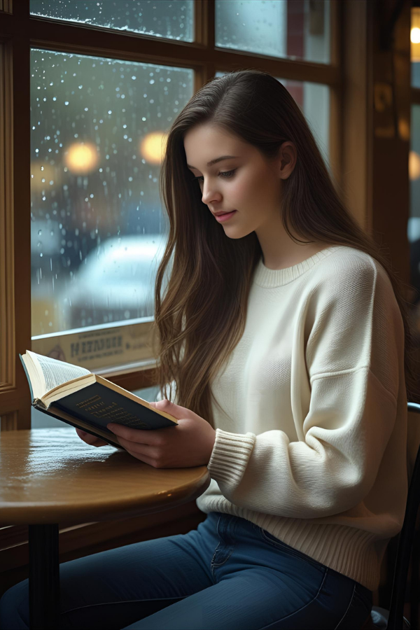 A serene young woman reading a book near a rain-speckled window in a cozy cafe, evoking calm focus and personal development.