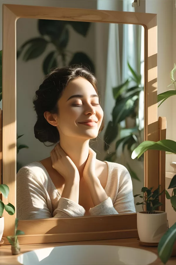 Woman smiling peacefully in the mirror surrounded by plants, embracing self-love and mindful reflection.