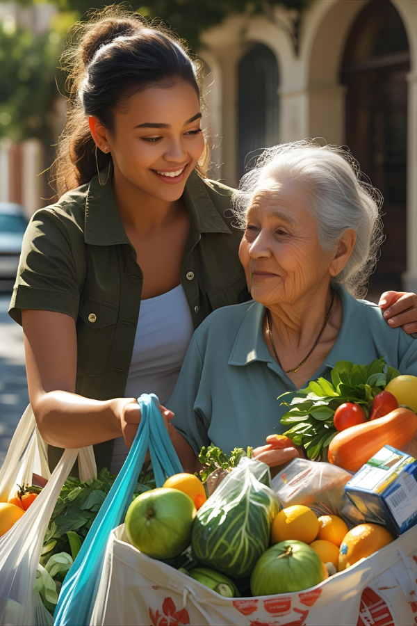 A smiling young woman assisting an elderly woman by carrying grocery bags full of fresh fruits and vegetables, representing kindness and acts of service.