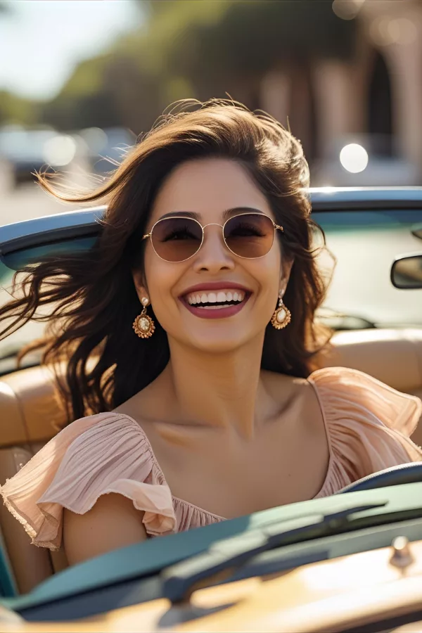 Woman smiling brightly in a convertible, wearing sunglasses and statement earrings 