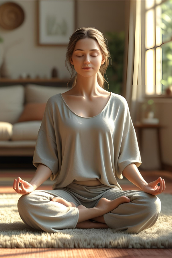 A peaceful woman in loungewear meditating in lotus position on a cozy rug, with soft natural light filtering through the window—perfect for themes of inner peace and habit tracking.