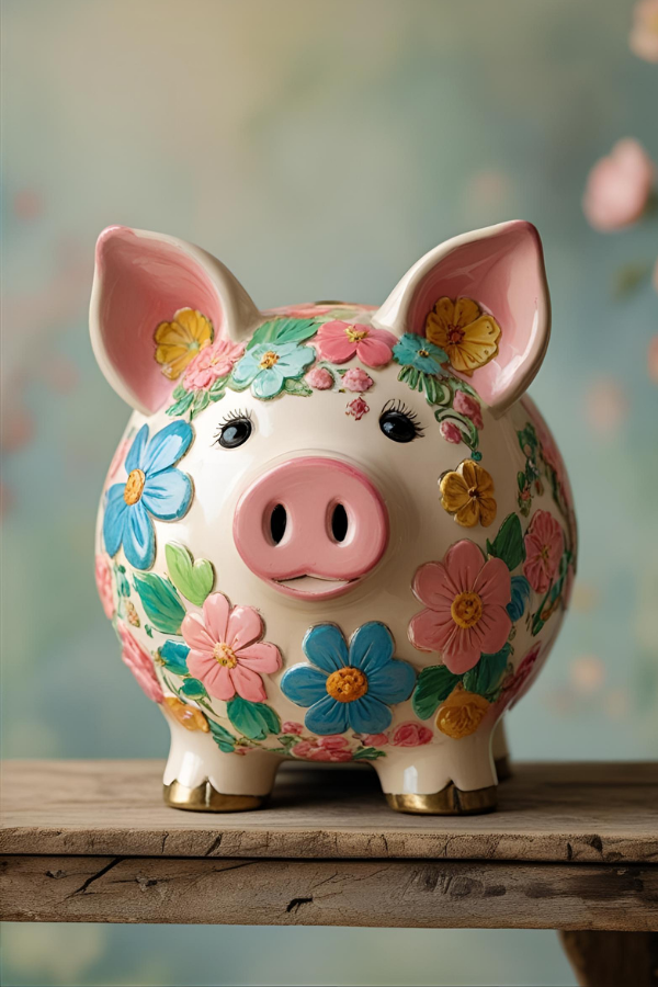 A colorful piggy bank decorated with hand-painted flowers, sitting on a rustic wooden surface, representing savings, financial mindfulness, or gratitude habits.