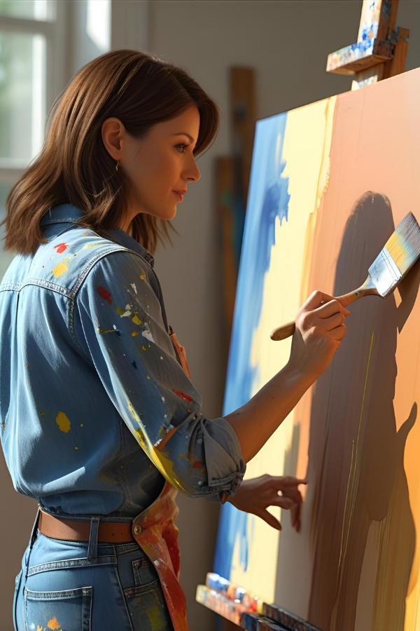 A woman in a denim shirt covered in paint dabs is joyfully painting on a large canvas in a sunlit art studio, symbolizing creativity and self-expression.
