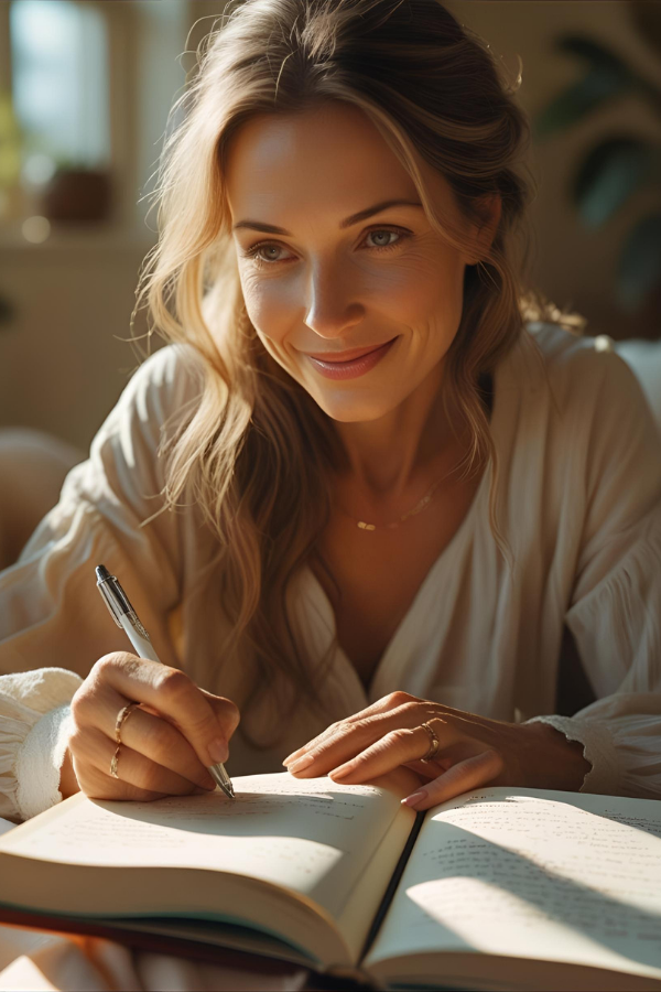 A woman with blonde wavy hair smiling as she writes in a journal, warmly lit by golden sunlight—representing reflective habit tracking and gratitude practice.