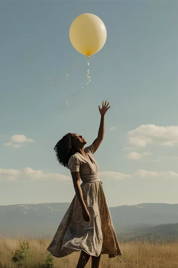 A joyful woman reaching toward a yellow balloon in a wide open field, symbolizing the act of letting go and emotional release.