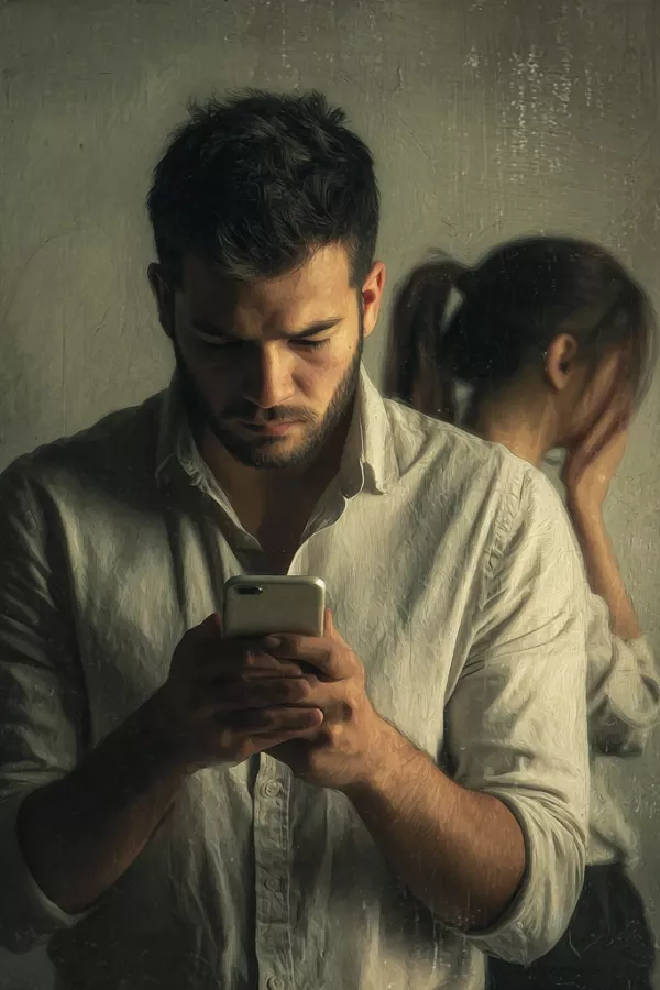 Man focused on his phone while a woman in the background turns away in emotional pain