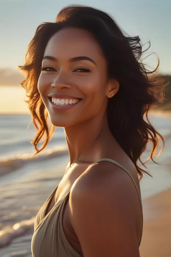 Confident woman smiling at the beach during golden hour, symbolizing freedom and self-love.