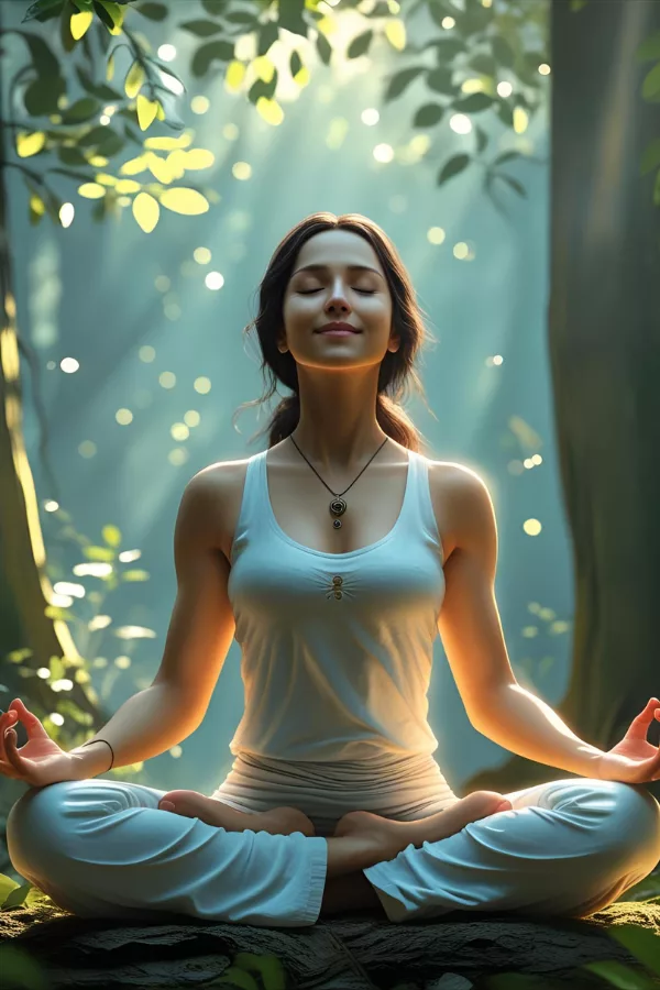 Serene woman meditating in nature, connecting to the universe to manifest her dream life