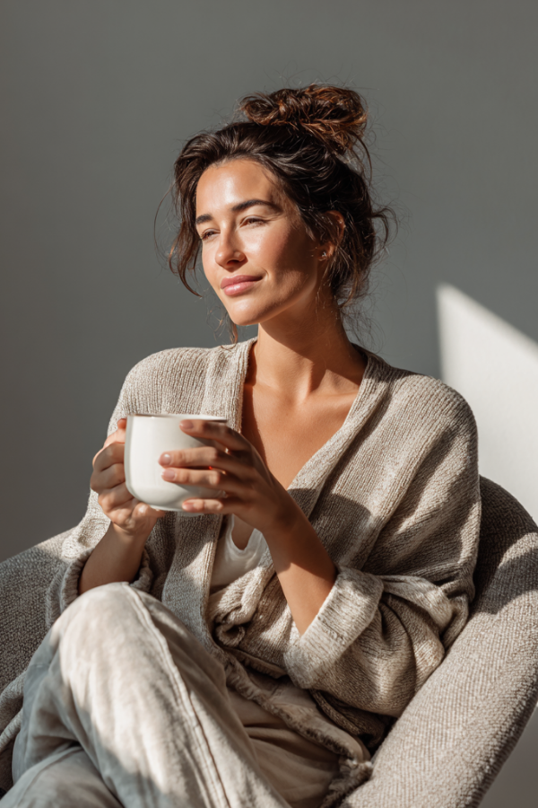 A happy woman enjoying some me-time while drinking coffee