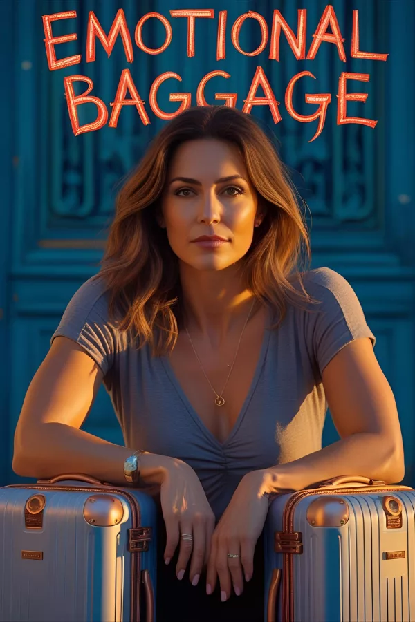 A confident woman sitting with two suitcases beside her, with the phrase 'Emotional Baggage' above her, representing the metaphorical weight we carry