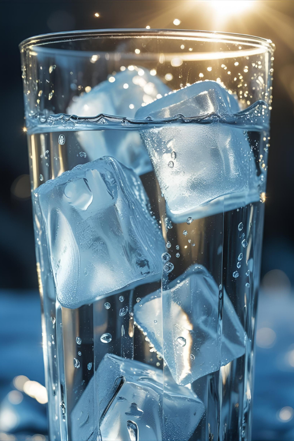 Glass of ice water sparkling in the sunlight, symbolizing hydration and wellness.