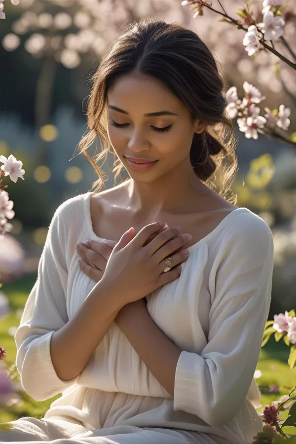 Serene woman in a white dress holding her heart amidst blooming flowers, representing self-reflection and inner peace