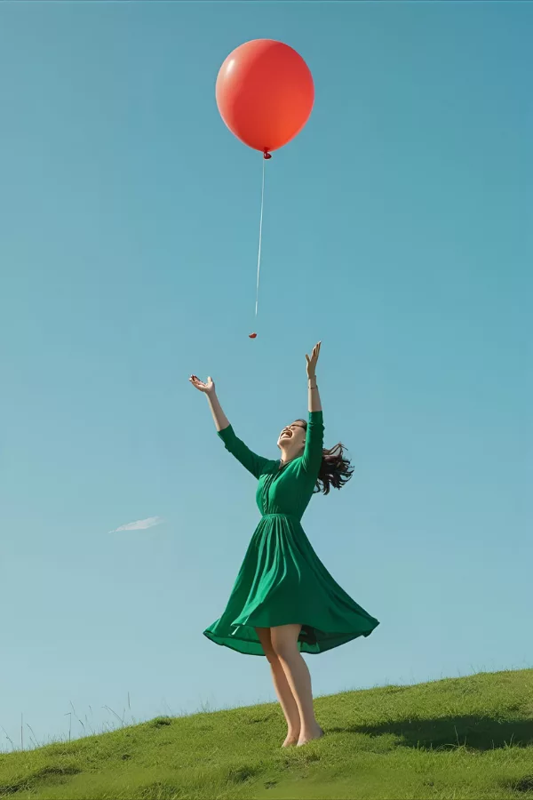 Woman in green dress releasing red balloon, symbolizing letting go to create space for her dreams