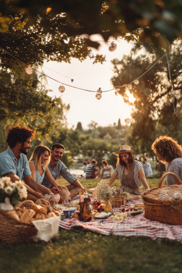 A group of friends having a fourth of July-themed picnic