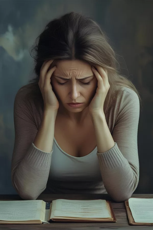 A distressed woman holding her head in frustration while staring at open books, illustrating emotional overwhelm and mental fatigue.