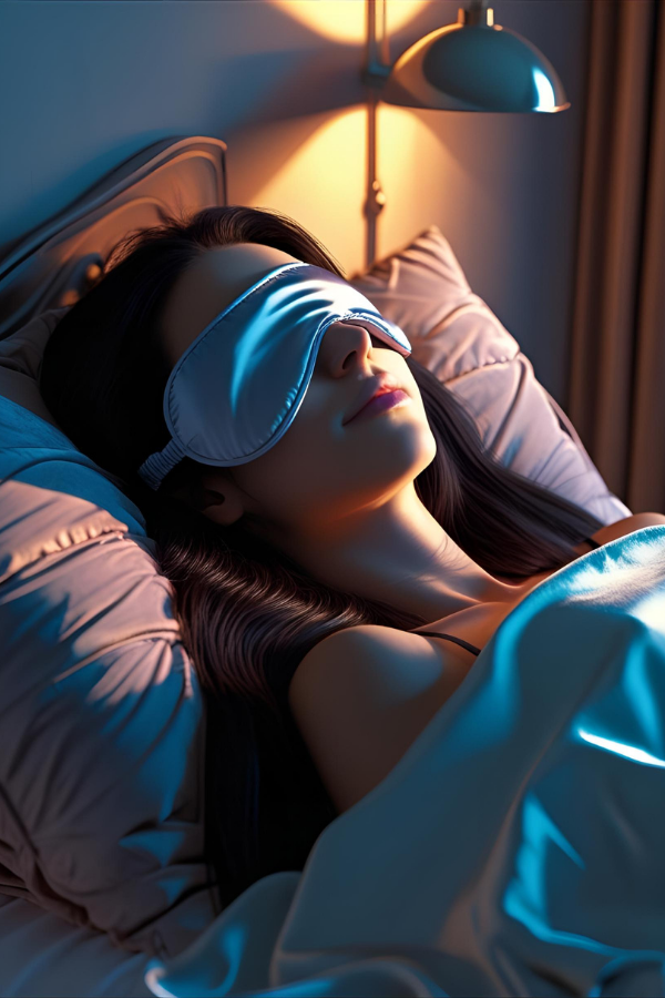 Woman peacefully sleeping with a satin eye mask, lit by a warm bedside lamp.