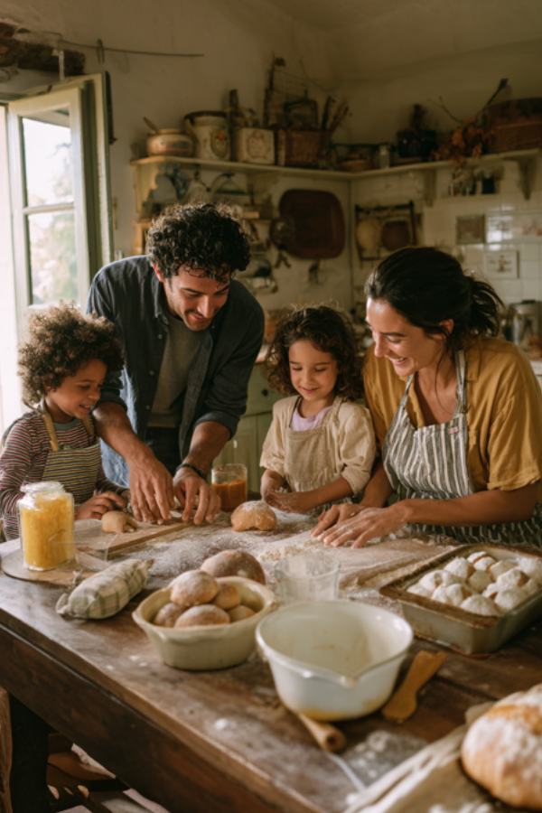 A happy family of four baking together