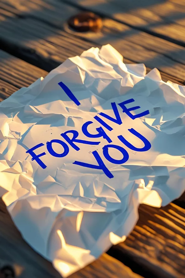 A crumpled piece of paper with the handwritten words 'I Forgive You,' symbolizing the power of forgiveness in the healing process.