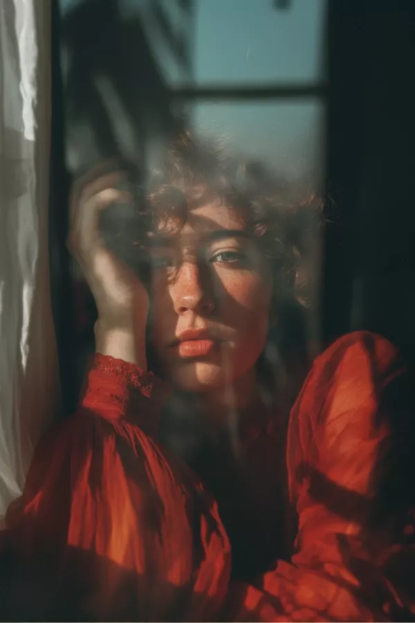 Woman in red staring reflectively through a window with dramatic lighting and shadows