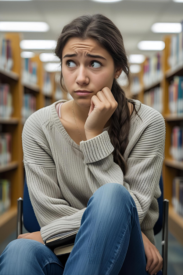Young woman in a library looking concerned, holding her chin with a book in her lap.