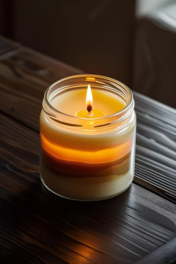 Layered scented candle burning softly on a wooden table 