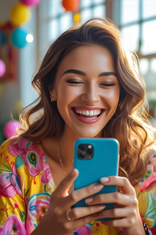 Vibrant woman laughing while using her phone, embracing digital connection and joyful moments
