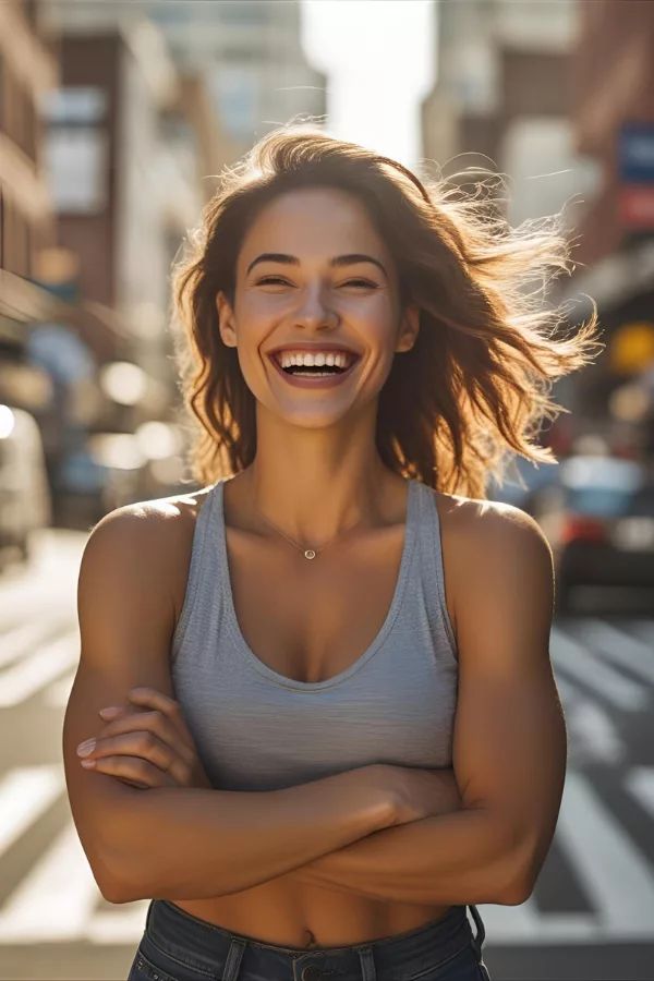 A radiant woman laughing joyfully on a city street, capturing the lightness and freedom that comes after releasing emotional burdens.