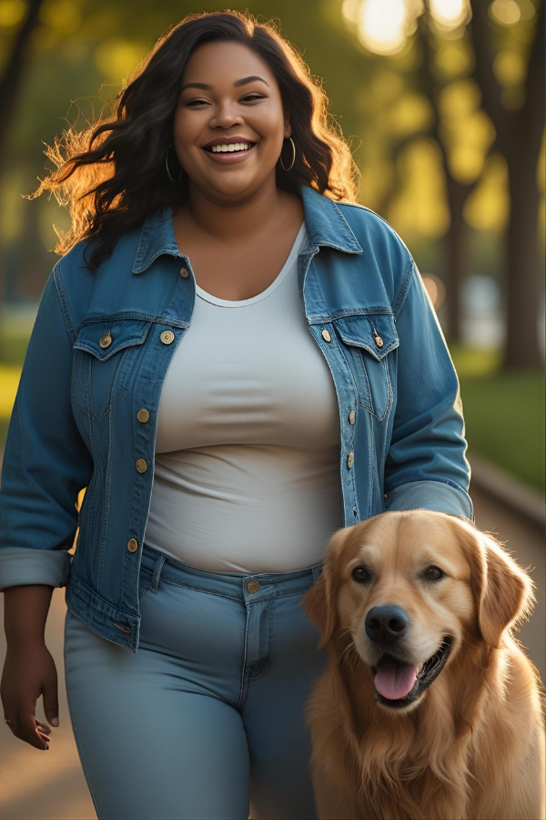 Confident woman walking a golden retriever outdoors, both smiling and enjoying the sunlight