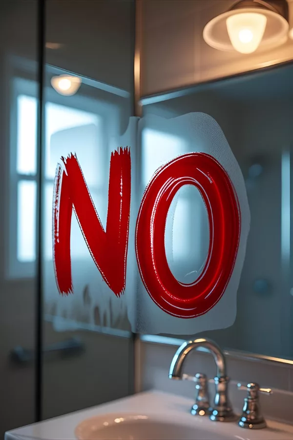 The word "NO" written boldly in red lipstick on a mirror