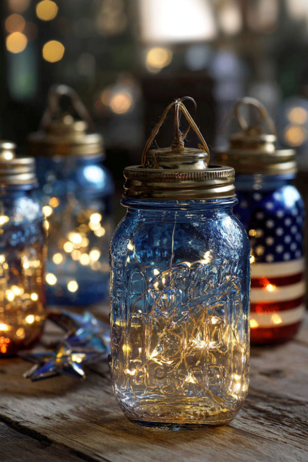 Fairy lights inside mason jars as decor for fourth of July