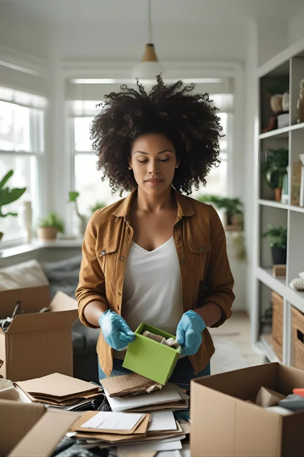 A woman wearing gloves, sorting items while decluttering her home, representing the therapeutic process of letting go physically and emotionally.