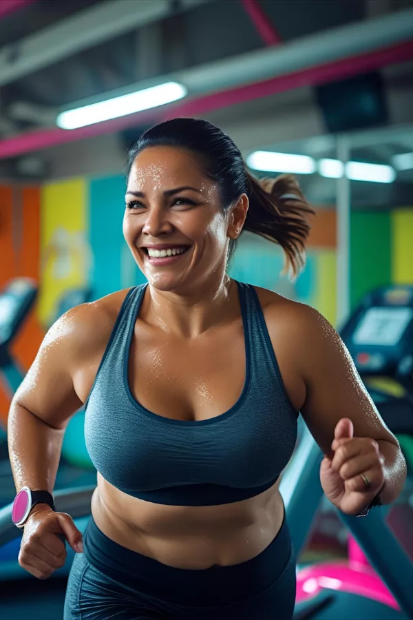 Determined woman running on a treadmill in a colorful gym, embodying strength, energy, and self-discipline.