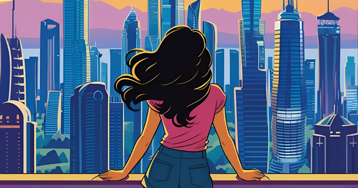Illustration of a woman with long flowing hair standing on a balcony, gazing at a futuristic city skyline during sunset, symbolizing vision and self-growth.