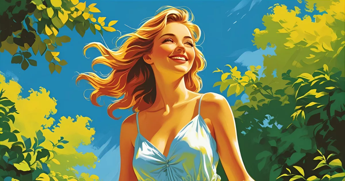 miling blonde woman in sunlit nature wearing a light blue summer dress