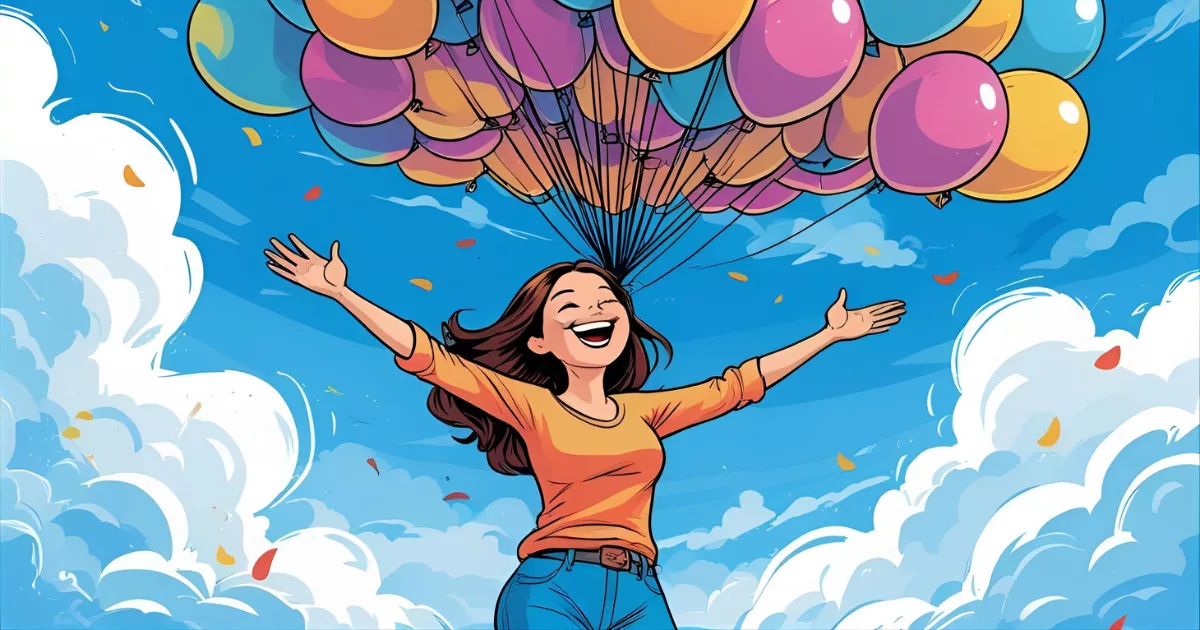 A woman happily smiling with lots of balloons behind her