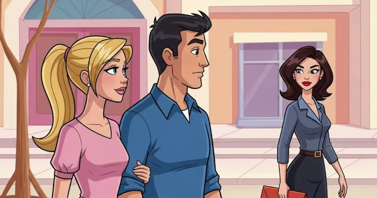 Cartoon couple walking together as the man turns to look at another woman passing by