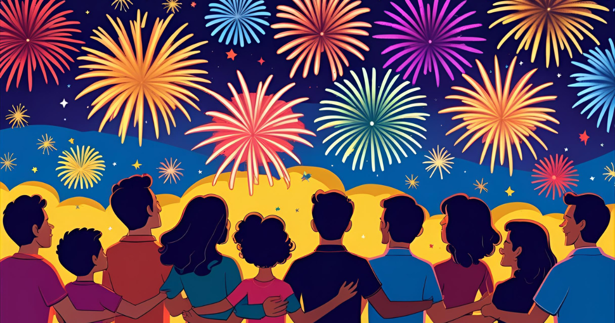A group of people watching fireworks during the 4th of July